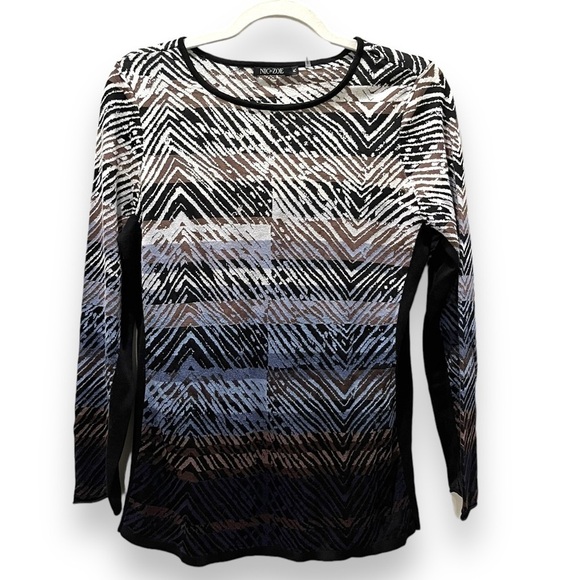 Nic + Zoe Printed Sweater | Blue Brown Black Stripe | Size Petite Large PL - Picture 1 of 8